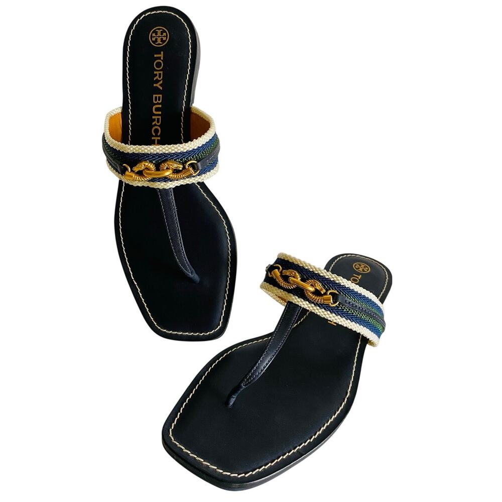 Tory Burch Jessa Navy‎ Leather Thong Sandals Dragon Chain Stripe Webbing 9.5